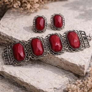 Vintage Red Cabochon Panel Bracelet & Clip Earrings Set Silver Tone Filigree
